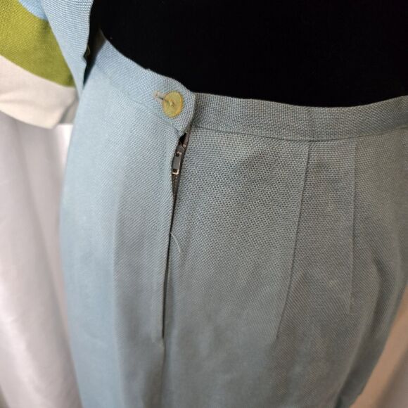 True Vintage 60s Skirt Suit Julie Miller Blouse Skirt Set 15/16 Womens Blue Gree - Picture 12 of 16